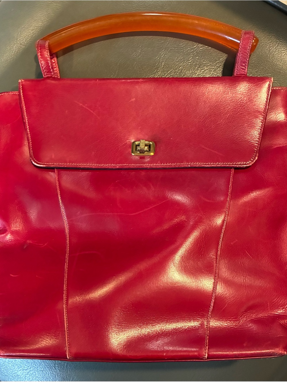 Vintage Red Leather Handbag with Bakelite Handle